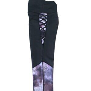BSP Activewear Women’s XL Leggings Black Purple Tie Dye Criss Cross Panel